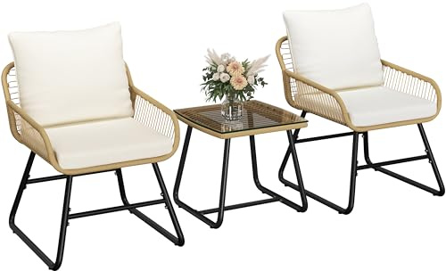 Yaheetch - Ensemble de 3 Meubles de bistrot en polyrotin avec 2 chaises - Petit Balcon, Salon de Jardin, extérieur, Marron Clair et Blanc crème