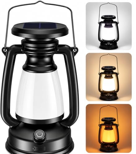 Lampe de camping solaire à batterie - LED rétro - Chargeur de secours USB - Lanterne solaire à suspendre - Rétro - Lampe solaire d'extérieur étanche - Lampe tempête - Lampe solaire pour le jardin, le