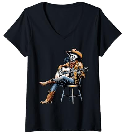 Femme Squelette Cowboy avec Guitare Country Music Western Gothique T-Shirt avec Col en V
