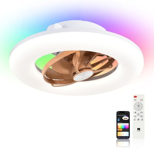 Orison 22 360° Oscillating Ceiling Fan with Light, 18° Rotating Low Profile Flush Mount, Smart RGB Backlight &Dimmable LED, Alexa&Google Compatible,APP/Remote Control, Modern Quiet for Bedroom, Wood