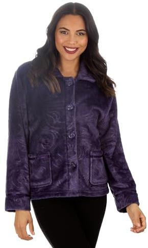 GM Apparel Ladies Fleece Bed Jacket Bath Robes – Warm Embossed Button-Up Short House Coat with Two Front Pockets, Soft Lounge & Sleepwear Cardigan (UK-14-16, Purple)