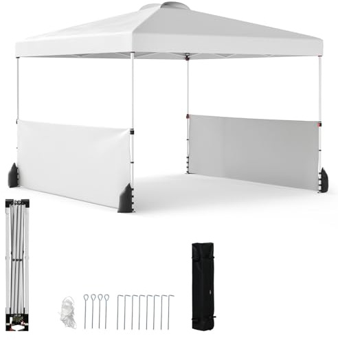 GYMAX Gazebo Pop-Up 3x3 M Regolabile in 3 Altezze con Mezze Pareti, Borsa con Ruote, Gazebo Retrattile con 8 Picchetti, 4 Sacchi di Sabbia (Bianco)