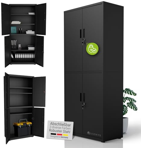 Juskys Aktenschrank aus Metall – 180x80x40 cm abschließbarer Büroschrank aus Stahl mit 3 verstellbaren Einlegeböden, höhenverstellbare Füße - Schwarz