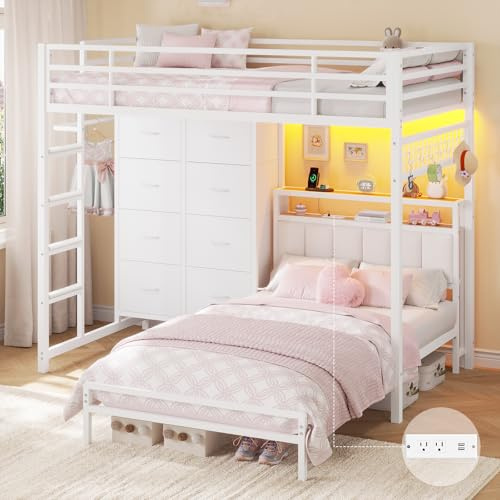 Twin Over Twin Bunk Bed with 8 Storage Drawers, Upholstered Storage Headboard, Charging Station and LED Lights, Heavy-Duty Metal Bunk Bed with Safety Guardrail & Ladder, Twin Bunk Beds for Kids, Teens