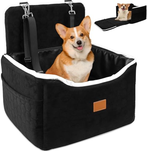 SZEE Siège Auto Chien Stable pour Petits et Moyens Chiens Jusqu’à 15 kg, Panier Voiture Chien 2-en-1 avec Doublure Similicuir Amovible, Panier Transport Chien Voiture avec 2 Sangles de Sécurité