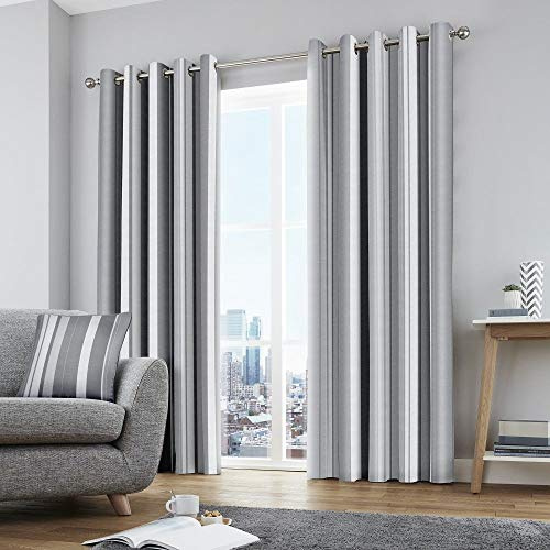 Fusion Grey Stripe Eyelet Curtains – 66x90 (168x229cm) – 100% Cotton – Pair of Lined Panels – Modern Striped Design – Window Drapes for Bedroom or Living Room – Matching Cushion Available