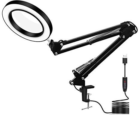 LED Magnifying Lamp,Adjustable 10X Magnifier Desk Lamp with 3 Colors 4.13 Diameter Glass USB Magnifying Lamp with Adjustable Swivel Arm for Reading/Office/Workbench. (Black)