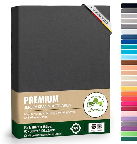Premium Spannbettlaken, extra schwer und dick, 97% Mako-Jersey-Baumwolle und 3% Elasthan, auch Boxspringbett geeignet, 90 x 200-100 x 220 cm, Anthrazit/Grau