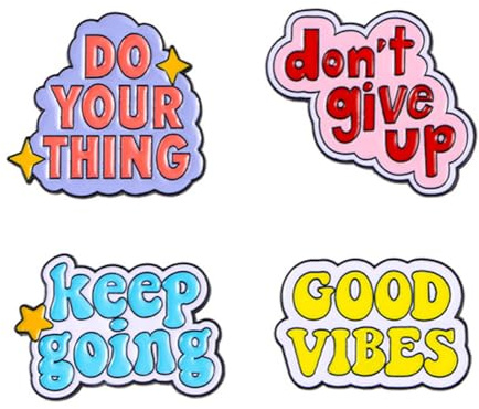 4 PCS Positive Letters Enamel Pins Inspirational Saying Brooches GOOD VIBES KEEP GOING Lapel Badges Backpacks Clothing Hats Decor