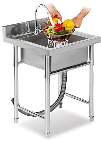 Lavello a una vasca per lavabo, lavello da cucina commerciale in acciaio inossidabile 304 con rubinetto, lavello autoportante per ristorante, lavanderia, officina, argento