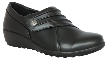 Cushion Walk Women's EEE Extra-Wide Fit Black Shoes, Ladies Lightweight, Faux Leather, Slip-On, Low Wedge Flats, Casual Work Office Comfort Shoe (Size 7 UK, Black)