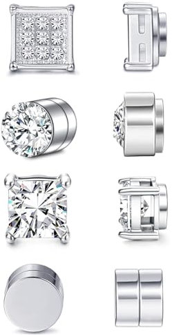 JENCVNL 4 Paires Boucle d'Oreille Aimantée Femme Homme Boucles d'Oreilles Magnétique Acier Inoxydable Fausse Boucle D'Oreille Zircone Homme Boucle Aimantée Non Piercing 6/8MM (Argent-6mm)