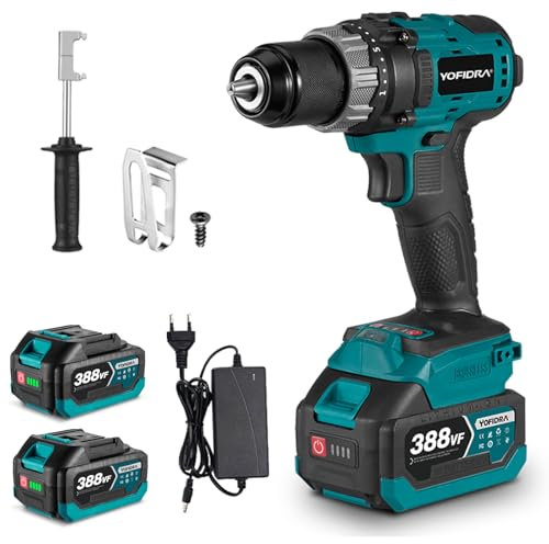 Yofidra Taladro Percutor A Bateria 21 V, Destornillador Electrico Máximo 80 N.M, Portabrocas 13 MM, 2 Velocidades, Taladro Atornillador Baterías de 2 x 3,0 Ah, 25 + 3 Niveles De Torsión con Luz LED