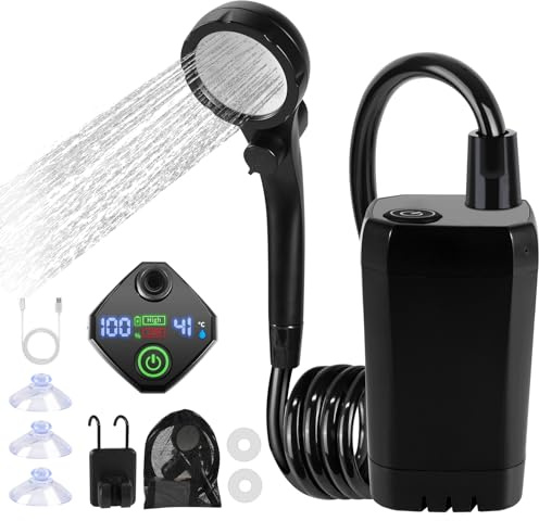 Toemics Portable Camping Shower with 6000mAh Rechargeable Battery and LED Display, Electric Water Pump Waterproof Outdoor Travel Shower Kit for Hiking, Car, Pet, Dog (Black)