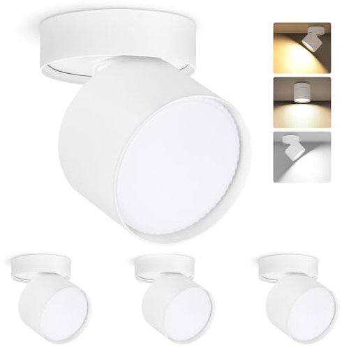 GeyouLux LED Spot en Saillie Orientable, 7W 800LM Ø82×80mm Spots de Plafond, 3000K/4500K/6500K Rotation à 350°+90° Spot LED, Aluminium Rond Blanc Plafonnier Spot Orientable, 4 pièces