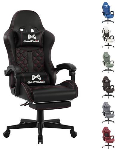 Gaming Chair with Footrest, Ergonomic Computer Chairs, Reclining High Back PU Leather Racing Gamer Chair with Headrest and Lumbar Support, Height Adjustable Video Game Chair for Adult, Deep Black