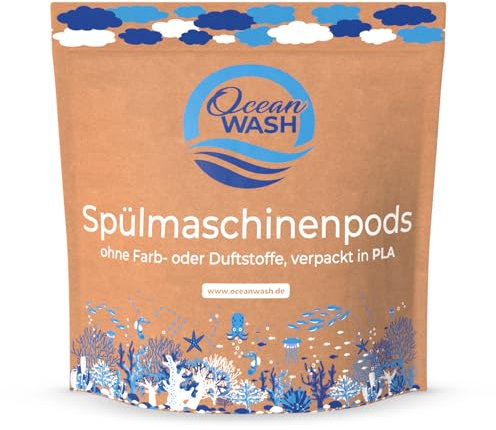 OceanWash Spülmaschinenpods ohne Plastik, Farb- und Duftstoffe, biologisch abbaubare Geschirr-Spültabs ohne Parfum, vegane Tabs für Geschirrspüler, verpackt in PLA