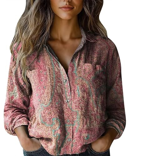 HUIFUAO Chemise Femme Lin Coton Manche Longue Shirt Grande Taille Chemise et Blouses Chic et élégant Haut Basique Imprimé Tunique Tops avec Poche (A02-Pink, XXL)