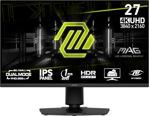 MSI MAG 275UPD E14 27-Inch, 4K UHD Gaming Monitor, 3840 x 2160 IPS, 288Hz, 1ms, HDR Ready, Eye Care, Dual-Mode, HDMI 2.1, DP 1.4a, Frame-Less, Tilt/Height Adjustable, Vesa Mount, Black