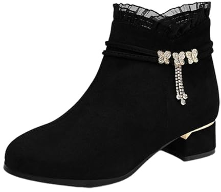 Generisch Ladies Fashion Solid Suede Front Boots Side Zip Chunky Heel Short Boots Jack Women's Ankle Boots Black, black, 5 UK