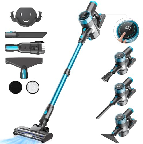 Infaebo Akku Staubsauger Kabellos, 45KPa/400W/65Mins Akkustaubsauger mit LED-Display und Anti Tangle Bürste, 1,5L Kabelloser Staubsauger, Vacuum Cleaner für Tierhaare/Teppiche/Hartböden/Auto, Blau