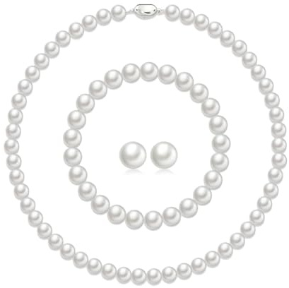 AOWVUTS Collana di Perle Set per Le Donne Bianco Rotondo Argento Collana di Perle Orecchini Bracciale Choker Set Perle Coltivata D'acqua Dolce Parure Gioielli Sposa con Confezione Regalo (8MM)