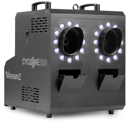 BeamZ Cyclone200 máquina de humo y burbujas con 24 LED RGBW, tanques dobles 1,2 L, caudal 250 m³/min, control DMX 11 canales, panel LCD, temporizador y mando a distancia