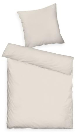 TOM TAILOR linge de lit en satin, 80x80 cm + 155x220 cm, 100% coton, avec passepoil et broderie logo, fermeture éclair, fines rayures beige, blanc (Sable ensoleillé et blanc cassé)