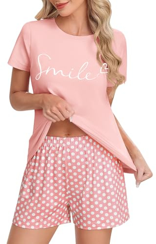 UMIPUBO Pijama Mujer Verano Manga Corta Conjunto Pijamas Dos Piezas Cuello Redondo Estampado Top y Punto de Onda Pantalón Corto Cintura Elástico Suave y Cómodo Ropa de Casa Dormir Casual (Rosa, L)