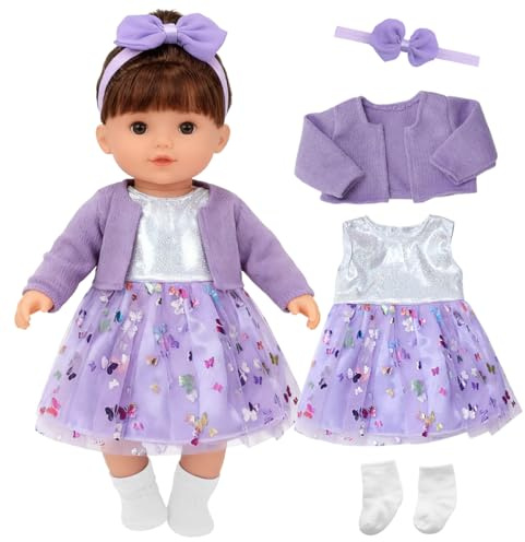 Linzerry 4PCS Ropa para Muñecas de 34-45cm/ 16-18Pulgadas Accesorios para Muñecas, Ropa Bebe Reborn con Abrigo, Vestido, Calcetines, Disfraz de Muñeca, Morada Falda para Muñeca para Regalar a Su Hija