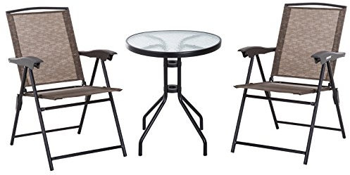 Outsunny 3 Piece Outdoor Bistro Set, Patio Conversation Furniture Set with 2 Folding Backrest Adjustable Armchairs and Glass Top Coffee Table, Brown