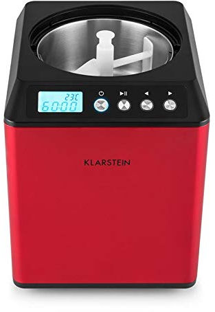 KLARSTEIN Vanilla Sky - Machine à crème glacée, Prête en 10 à 60min, Compresseur, Pas de congélation l'avance, Verre doseur, Récipient 2L - Rouge