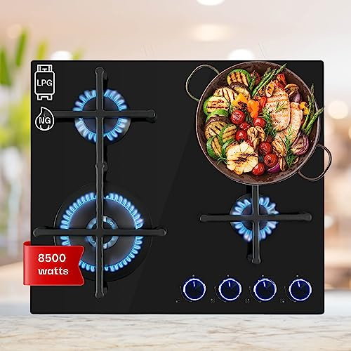 Klarstein Encimera Cocina de Gas 4 Quemadores, Placa de Gas 8.5KW para Cocina,de con Quemador Wok de Acero Inoxidable, Encimera 4 Fuegos con Quemadores de para Casa