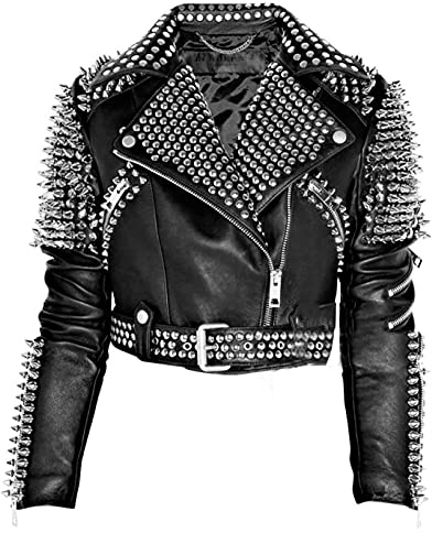 Giacca da motociclista in pelle nera da donna, stile gotico Brando Rock, punk, con borchie, fr, Nero - Vera Pelle, XS