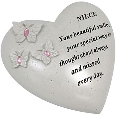 Adorno de tumba personalizado/placa conmemorativa con corazón con 3 mariposas y gemas azules, decoración en la tumba regalo en el recuerdo amoroso de tus seres queridos fallecidos (sobrina)