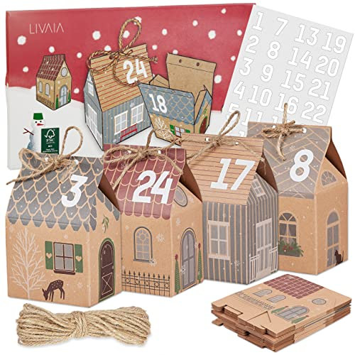 LIVAIA DIY Adventskalender zum Befüllen - 24 kleine Geschenkboxen mit Stickern - Bastelset für Weihnachten 2025 - Persönlicher Weihnachtskalender zum Selbstgestalten
