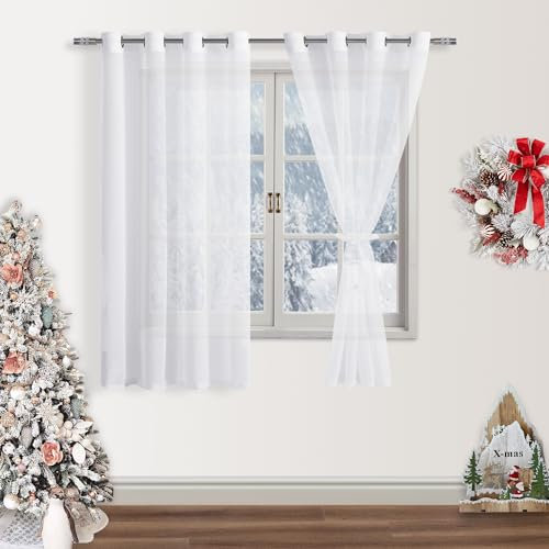 DWCN 2er Voile Gardinen Halbtransparent Kurz mit Ösen für Schlafzimmer Vorhang weiß Halbtransparent, Weiß, 145x140cm(HxB)