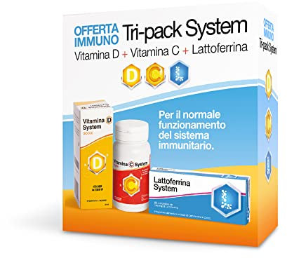 Tri-pack System, Confezione Composta da Vitamina D Gocce, Vitamina C Pura e Lattoferrina System, Integratore Alimentare Utile per il Funzionamento del Sistema Immunitario, 170g