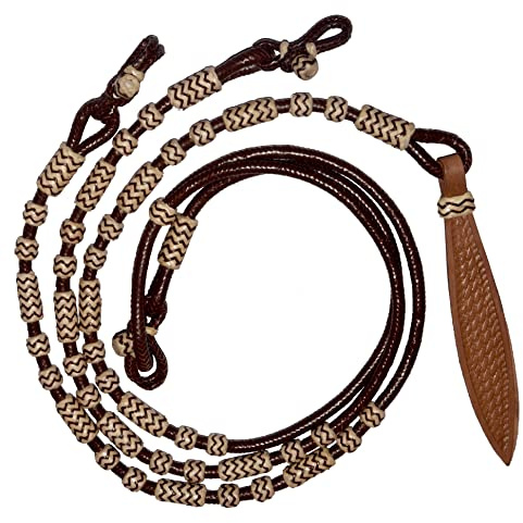 WeavingCraft Romal Reins with Natural Brown Knots Raw Hide Leather Horse Tack Hand-Braided Rein Hand Made Ranch Rope - 8.5 Ft Rein, 52' Romel