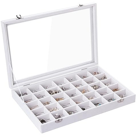 Frebeauty Samt Schmucktablett 35 Gitter Schmuck Organizer mit durchsichtigem Deckel Transparenter Ohrring Organizer Halter Fall für Ringe Ohrstecker Geschenk für Frauen Mädchen (Weiß 35 Gitter)