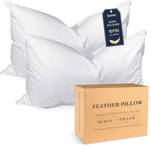 BHZ Goose Down Feather Pillows Queen Size Set of 2, Hotel Collection Bed Pillows for Sleeping Medium Firm Soft Support Pillow for Side and Back Sleepers