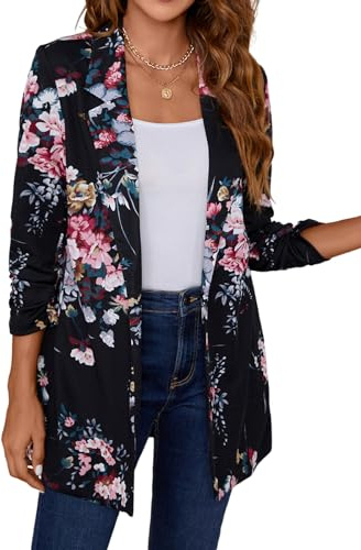 LADI TREND Women 3/4 Sleeve Business Casual Long Blazer Lightweight Fashion Open Front Stretch Suit Jacket *Floral,Size 2XL*