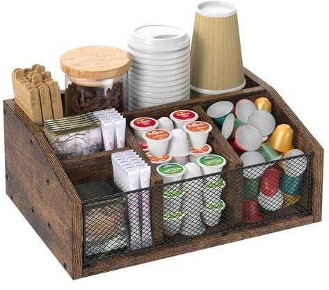 NOVIMANGO Coffee Bar Station Organizer Wooden Coffee Bar Accessories for Countertop Tea Condiment Organizer for Decor Storage Basket for K-Cup Pods Holder, Rustic Brown