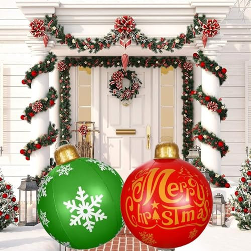 KAHEIGN 2 Pezzi Palline di Natale Gonfiabili Giganti, 60CM Rosso Verde Palle Decorativa Natalizio Gonfiabile in PVC per Natale Interno Esterno Casa Giardino Prato Cortile Portico Decorazione