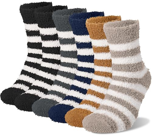 ViEinkaufen 6 Pairs Men's Fluffy Slipper Socks | Cozy Sleep Bed Winter Thermal Stripe Soft Fuzzy Warm Socks Men's Soft Fuzzy Sock
