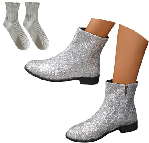LDXEQIZ Pailletten Stiefeletten Damen Elegant Chelsea Kurz Stiefel 2024 Neu Ankle Boots Mit Seitlichem Reißverschluss Round Toe Booties Herbst Winter Knöchel Schuhe Für Outdoor, Party(38 EU)