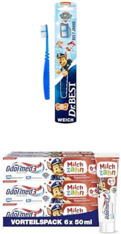 Dr.BEST Paw Patrol Zahnbürste, Weich (3 Stücke) + Odol-med3 Milchzahn Zahnpasta, Zahncreme für Kinder von 0 bis 6 Jahren, 6x 50ml