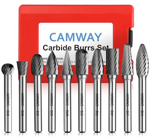 CAMWAY Fräser Set, 10 Stück Hartmetall Frässtifte Satz mit Werkzeugkasten, Industriequalität 6 x 10mm(1/4) Hartmetallfräser Rotationsfräser für Schneidschleifer, Gravieren, Bohren, Polieren, DIY