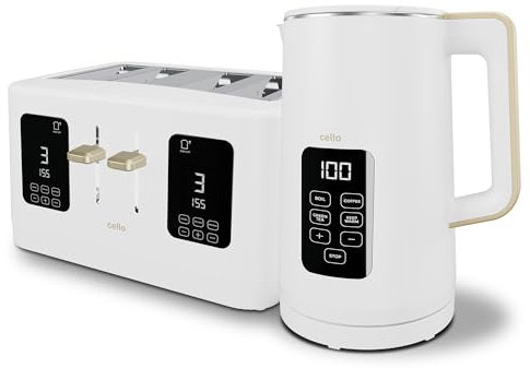 White 1600W 4 Slice Toaster, 1.7L 3000W Digital Kettle | Toaster with Detachable Crumb Tray, Digital Control Panel with Countdown Timer, BPA-Free Auto Shut-off Electric Temperature Control Kettle