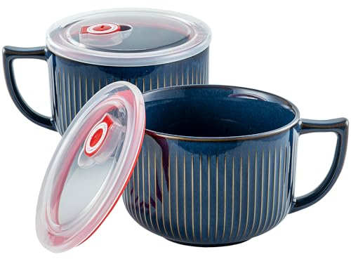 Hoilse Oversized Soup Bowls with Handles, 38oz Microwave Ramen Bowl with Lid, Jumbo Soup Mug for Ramen, Noodle, Cereals, Soup Container with Lid, Dishwasher Safe - set of 2 (VintageBlue)